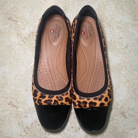 Clarks Leopard Print Ballet Flats With Black Patent Toe Cap Womens Size 8 - Picture 4 of 9